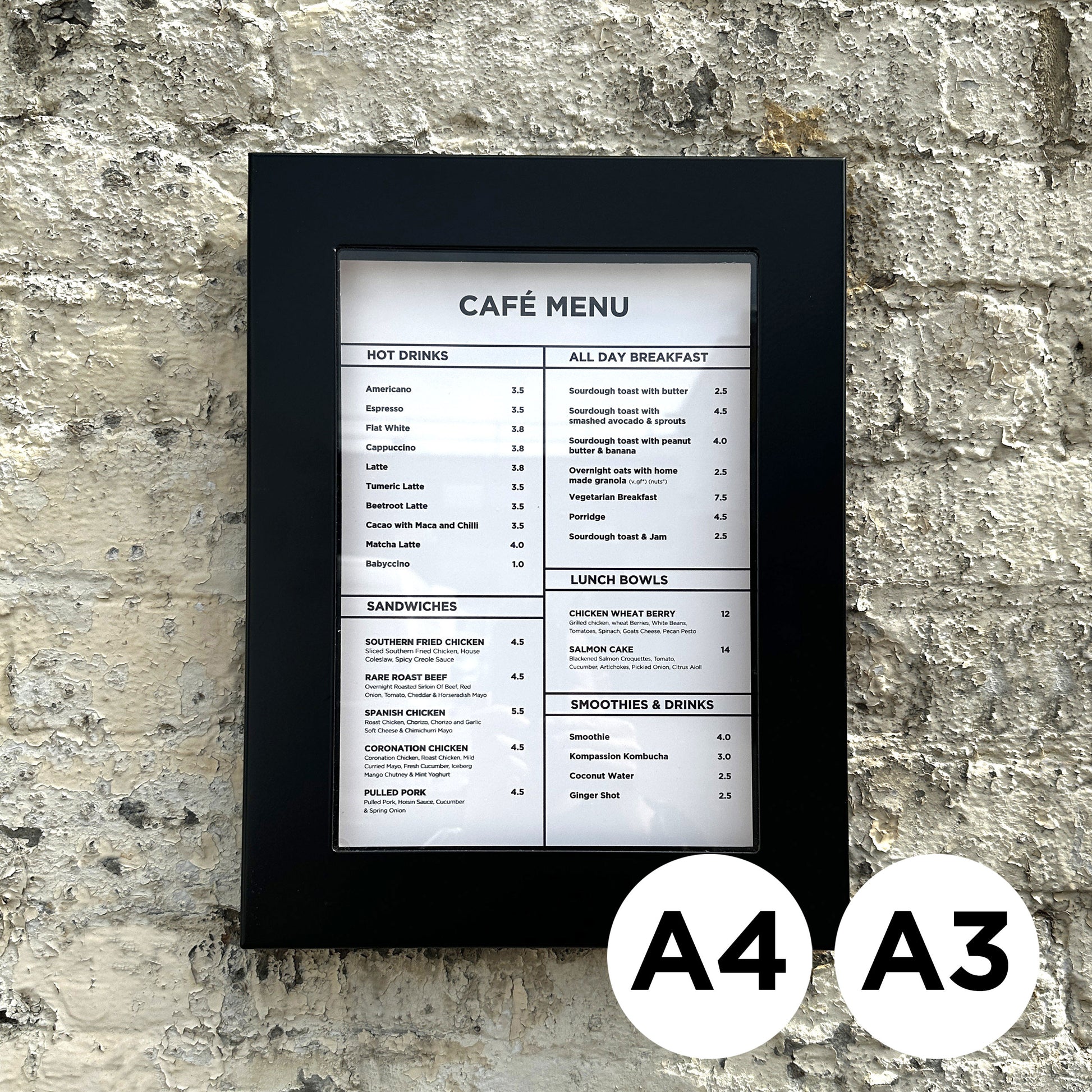 A4 A3 Black slimline menu