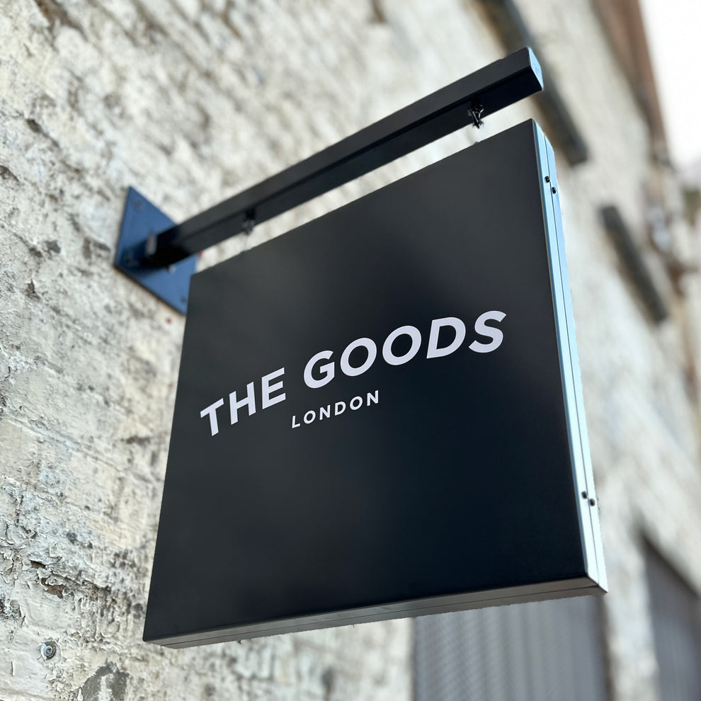 Hanging Box Signs 'The Bank' - Outdoor metal box hanging swing sign – The Goods London