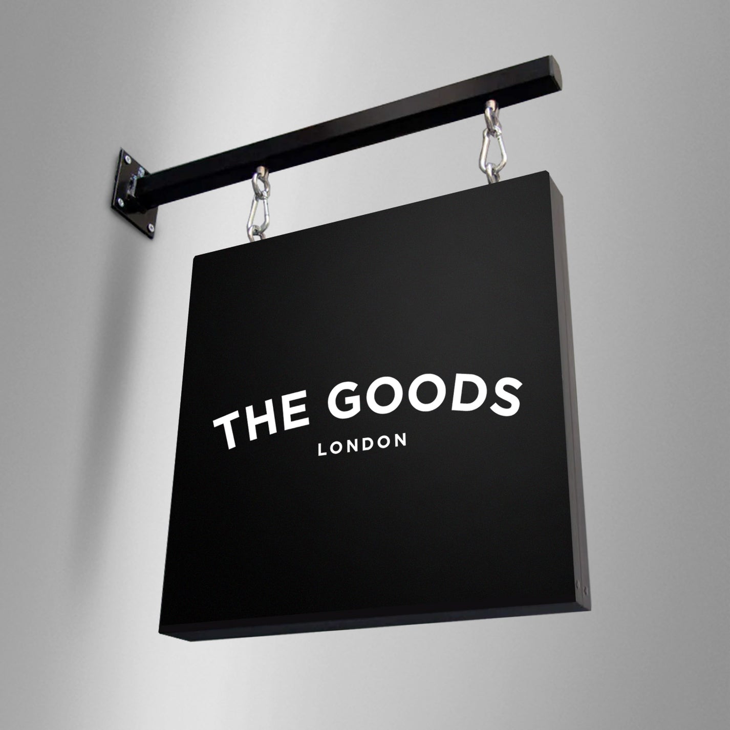 Outdoor metal box hanging swing sign – 'The Goods' Signs London